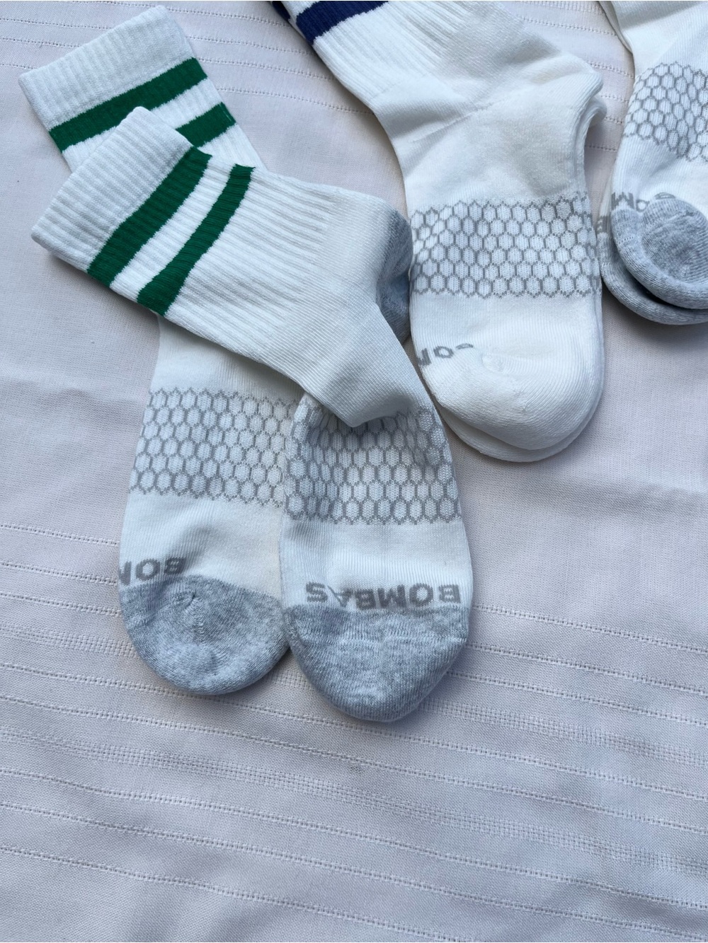 Bombas White Athletic Crew Socks with Green and Navy Stripes - Picture 8 of 14
